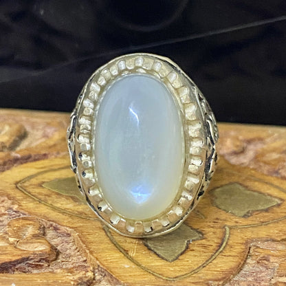 Rare Natural Yemeni Moonstone Gemstone Men's Ring, Solid 925 Sterling Silver, Vintage Style Fine Jewelry, Middle Eastern Artisan Craftsmanship
