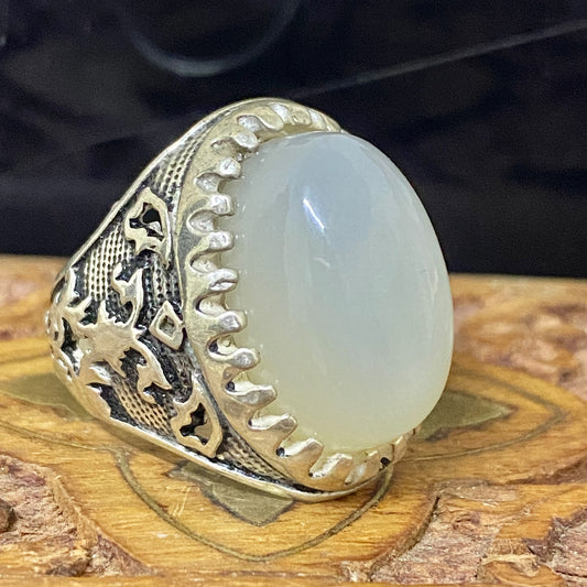 Rare Natural Yemeni Moonstone Gemstone Men's Ring, Solid 925 Sterling Silver, Vintage Style Fine Jewelry, Middle Eastern Artisan Craftsmanship