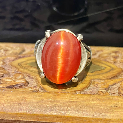 Handcrafted 925 Sterling Silver Luxury Men's Ring with Natural Red Cat's Eye Gemstone