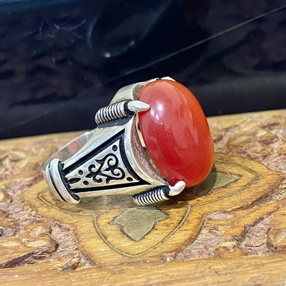 Handcrafted 925 Sterling Silver Luxury Men's Ring with Natural Red Cat's Eye Gemstone