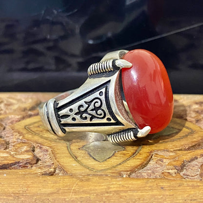 Handcrafted 925 Sterling Silver Luxury Men's Ring with Natural Red Cat's Eye Gemstone