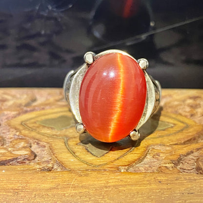 Handcrafted 925 Sterling Silver Luxury Men's Ring with Natural Red Cat's Eye Gemstone