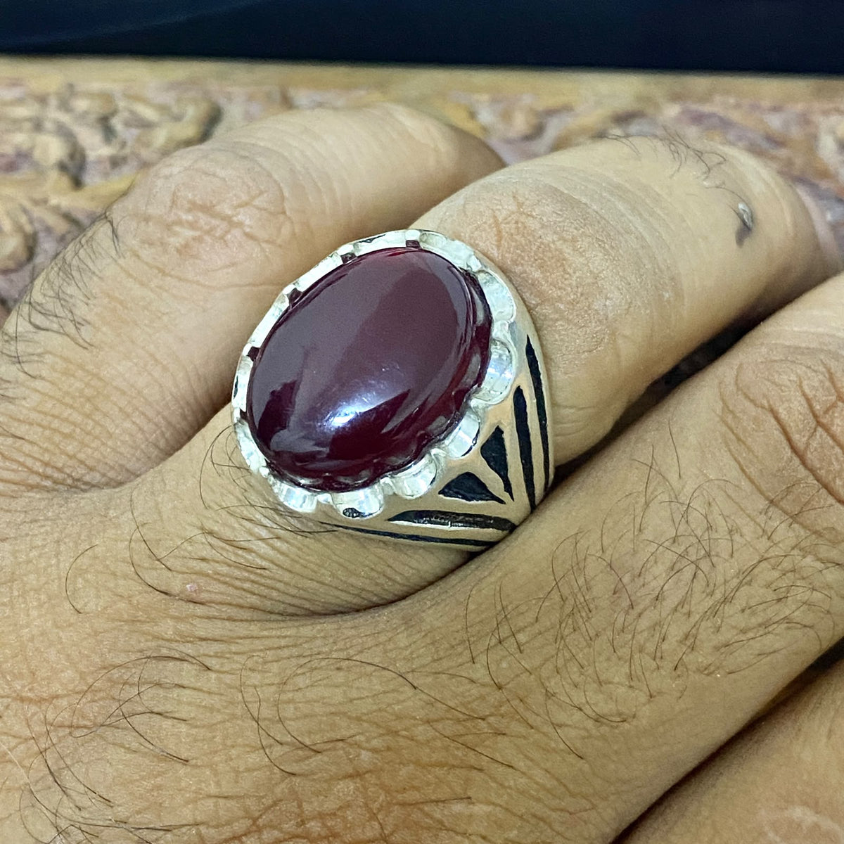 Heavy 925 Sterling Silver Men's Ring - Handcrafted Natural Yemeni Akik Gemstone Vintage Style Fine Jewelry