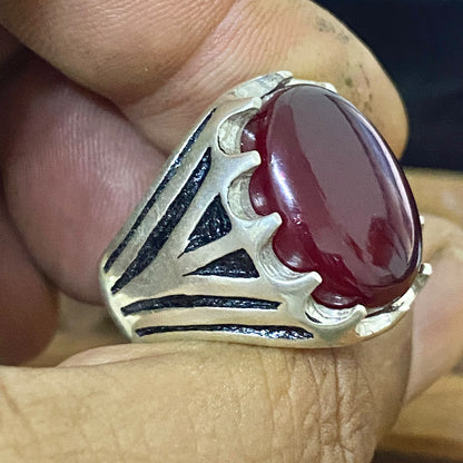 Heavy 925 Sterling Silver Men's Ring - Handcrafted Natural Yemeni Akik Gemstone Vintage Style Fine Jewelry