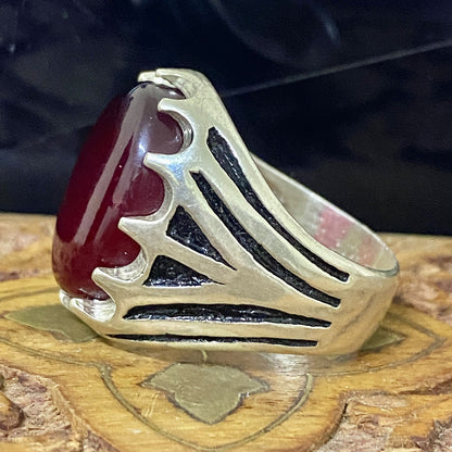 Heavy 925 Sterling Silver Men's Ring - Handcrafted Natural Yemeni Akik Gemstone Vintage Style Fine Jewelry