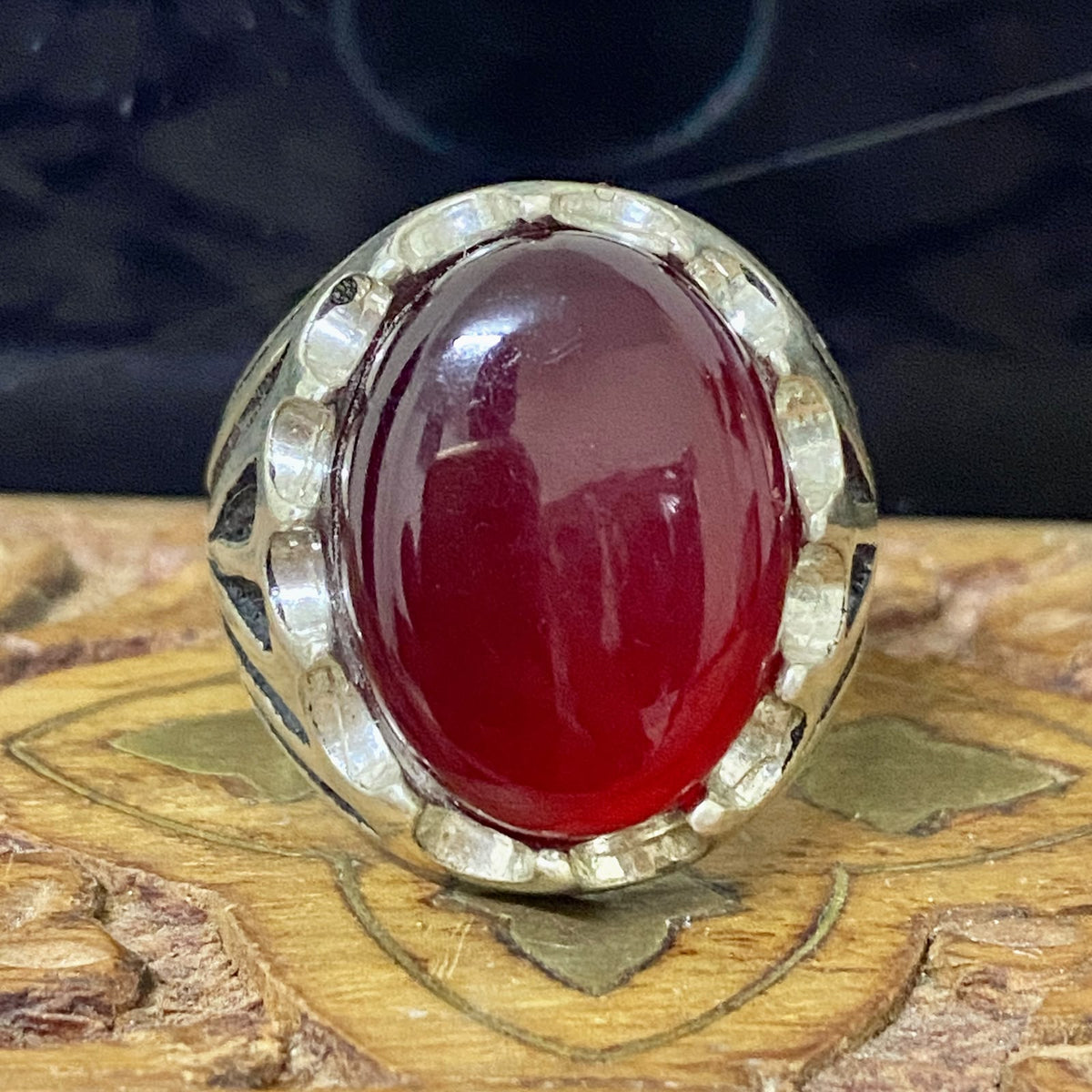 Heavy 925 Sterling Silver Men's Ring - Handcrafted Natural Yemeni Akik Gemstone Vintage Style Fine Jewelry