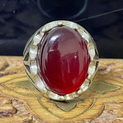 Heavy 925 Sterling Silver Men's Ring - Handcrafted Natural Yemeni Akik Gemstone Vintage Style Fine Jewelry