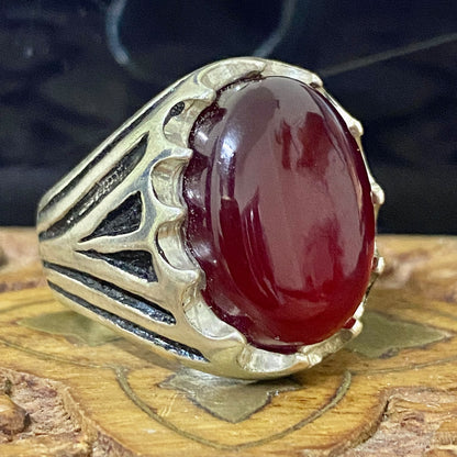 Heavy 925 Sterling Silver Men's Ring - Handcrafted Natural Yemeni Akik Gemstone Vintage Style Fine Jewelry