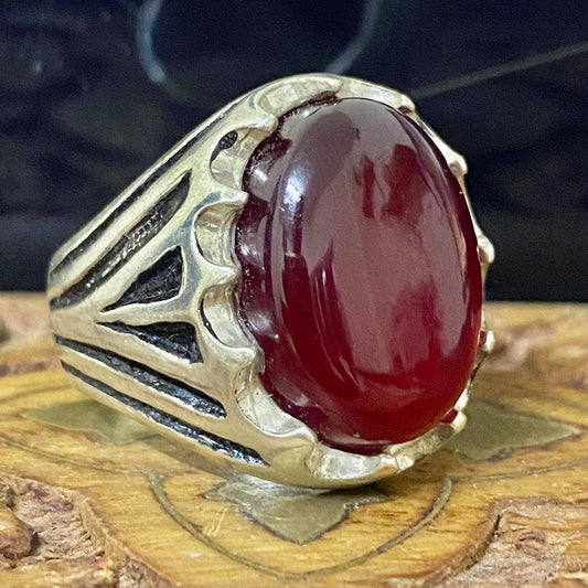Heavy 925 Sterling Silver Men's Ring - Handcrafted Natural Yemeni Akik Gemstone Vintage Style Fine Jewelry
