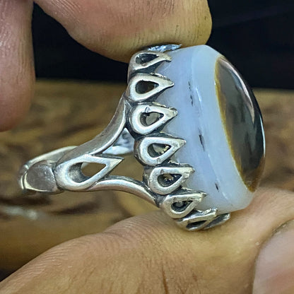Natural Yemeni Baqrani Aqeeq Ring Handcrafted Black And White Jaz Agate 925 Sterling Silver Gemstone Jewelry For Men