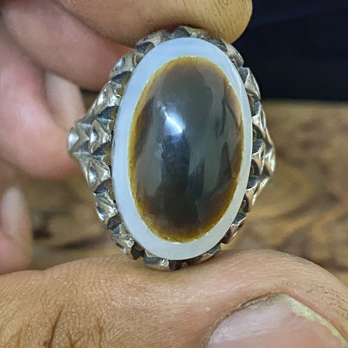Natural Yemeni Baqrani Aqeeq Ring Handcrafted Black And White Jaz Agate 925 Sterling Silver Gemstone Jewelry For Men