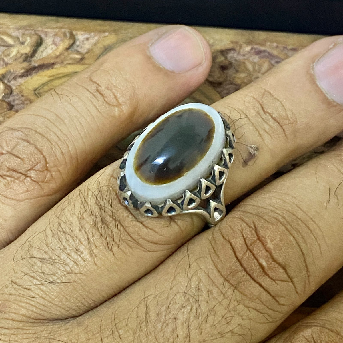Natural Yemeni Baqrani Aqeeq Ring Handcrafted Black And White Jaz Agate 925 Sterling Silver Gemstone Jewelry For Men