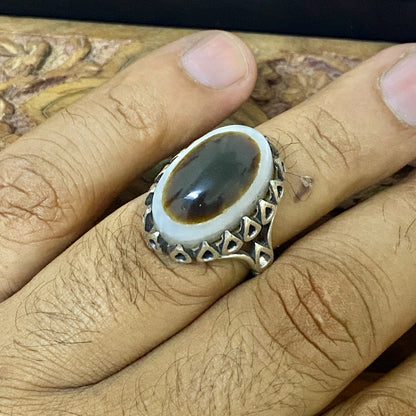 Natural Yemeni Baqrani Aqeeq Ring Handcrafted Black And White Jaz Agate 925 Sterling Silver Gemstone Jewelry For Men