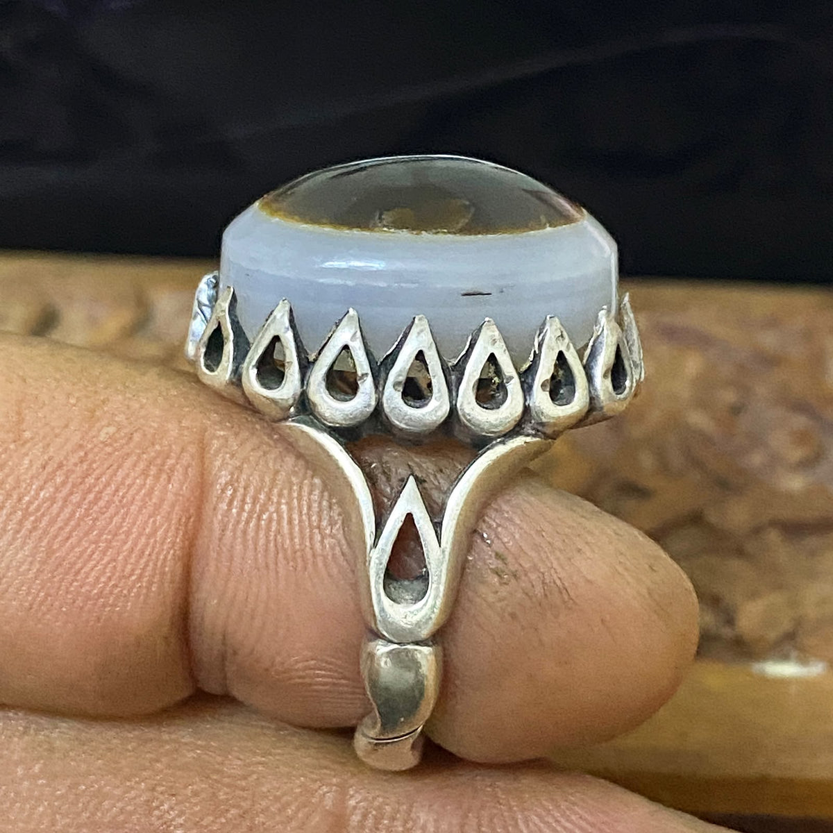 Natural Yemeni Baqrani Aqeeq Ring Handcrafted Black And White Jaz Agate 925 Sterling Silver Gemstone Jewelry For Men