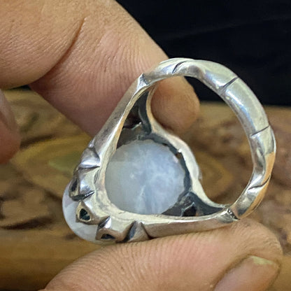 Natural Yemeni Baqrani Aqeeq Ring Handcrafted Black And White Jaz Agate 925 Sterling Silver Gemstone Jewelry For Men