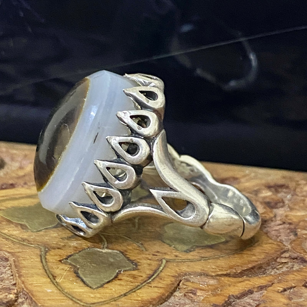 Natural Yemeni Baqrani Aqeeq Ring Handcrafted Black And White Jaz Agate 925 Sterling Silver Gemstone Jewelry For Men