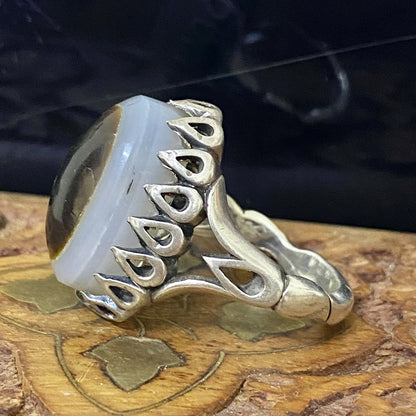 Natural Yemeni Baqrani Aqeeq Ring Handcrafted Black And White Jaz Agate 925 Sterling Silver Gemstone Jewelry For Men