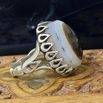 Natural Yemeni Baqrani Aqeeq Ring Handcrafted Black And White Jaz Agate 925 Sterling Silver Gemstone Jewelry For Men