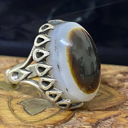 Natural Yemeni Baqrani Aqeeq Ring Handcrafted Black And White Jaz Agate 925 Sterling Silver Gemstone Jewelry For Men