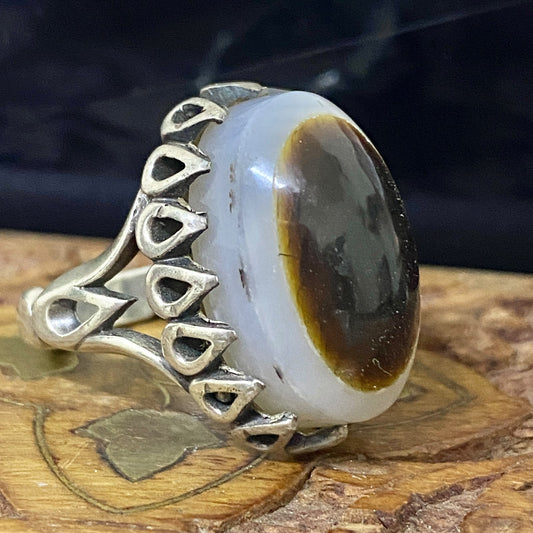 Natural Yemeni Baqrani Aqeeq Ring Handcrafted Black And White Jaz Agate 925 Sterling Silver Gemstone Jewelry For Men