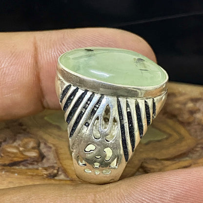 Natural Clear Prehnite Gemstone Ring 925 Sterling Silver Handmade Vintage Men's Jewelry Genuine Gemstone Ring Gift for Him