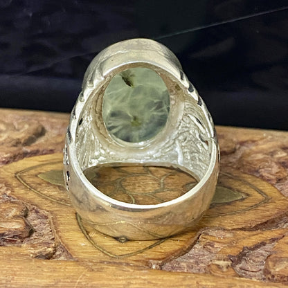 Handmade Natural Prehnite Gemstone Men's Ring, Solid 925 Sterling Silver, Vintage Style Fine Jewelry, Middle Eastern Artisan Craftsmanship