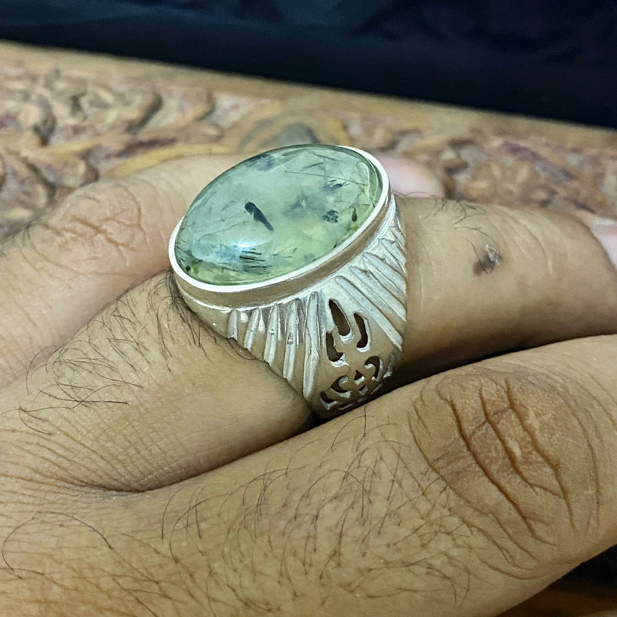 Handmade Natural Prehnite Gemstone Men's Ring, Solid 925 Sterling Silver, Vintage Style Fine Jewelry, Middle Eastern Artisan Craftsmanship