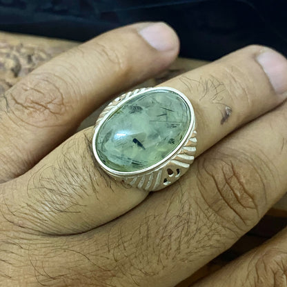 Handmade Natural Prehnite Gemstone Men's Ring, Solid 925 Sterling Silver, Vintage Style Fine Jewelry, Middle Eastern Artisan Craftsmanship
