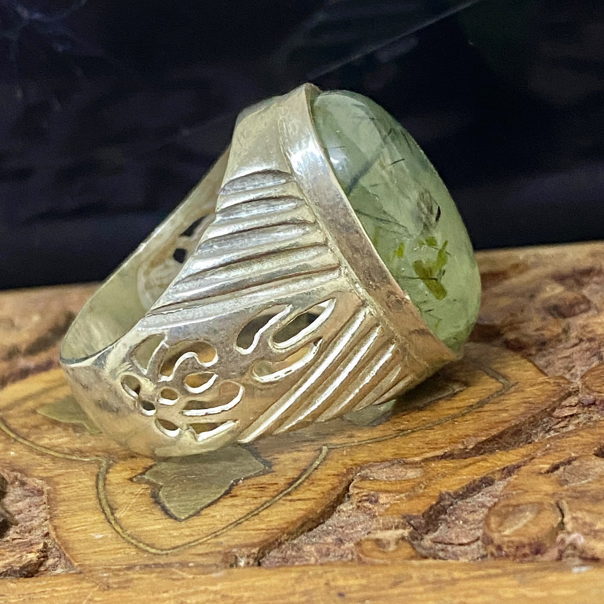 Handmade Natural Prehnite Gemstone Men's Ring, Solid 925 Sterling Silver, Vintage Style Fine Jewelry, Middle Eastern Artisan Craftsmanship