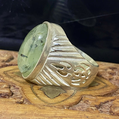 Handmade Natural Prehnite Gemstone Men's Ring, Solid 925 Sterling Silver, Vintage Style Fine Jewelry, Middle Eastern Artisan Craftsmanship