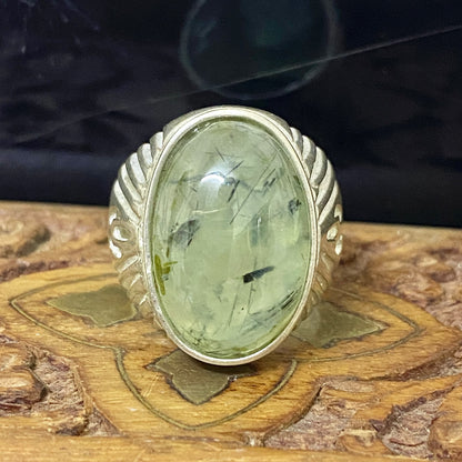Handmade Natural Prehnite Gemstone Men's Ring, Solid 925 Sterling Silver, Vintage Style Fine Jewelry, Middle Eastern Artisan Craftsmanship