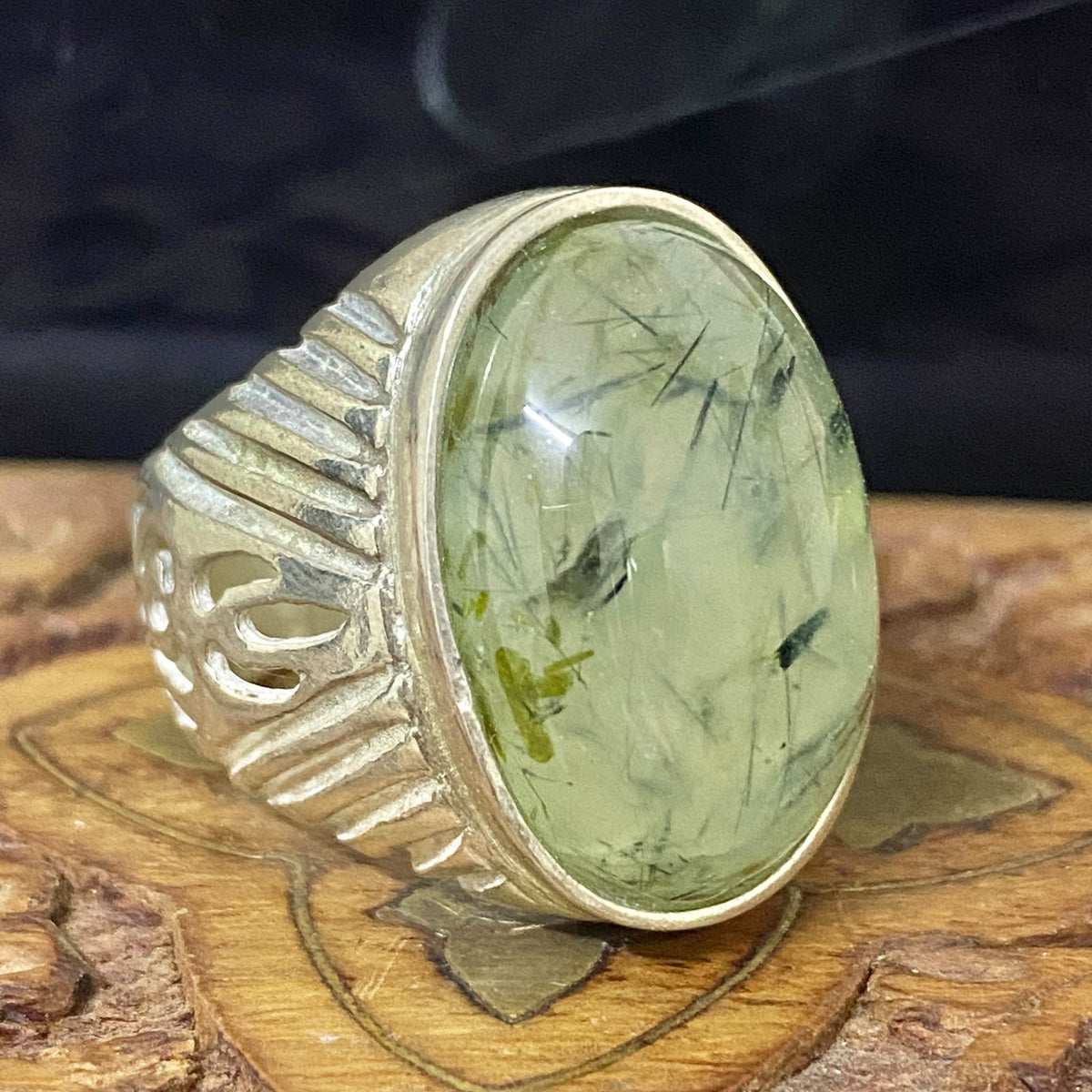 Handmade Natural Prehnite Gemstone Men's Ring, Solid 925 Sterling Silver, Vintage Style Fine Jewelry, Middle Eastern Artisan Craftsmanship