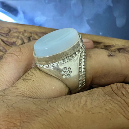 925 Sterling Silver Mens Ring Natural Yemeni white big Agate Aqeeq gift for him
