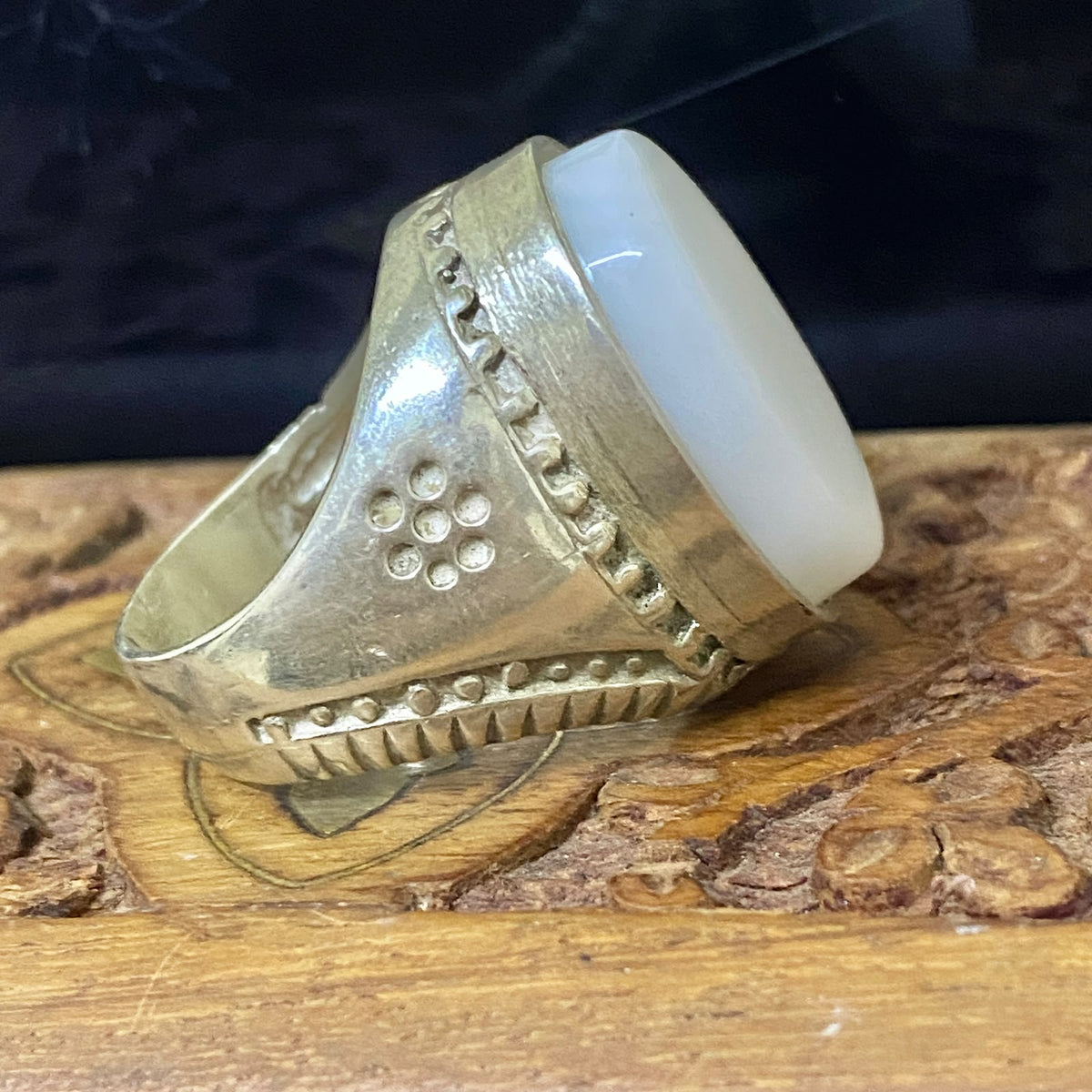 925 Sterling Silver Mens Ring Natural Yemeni white big Agate Aqeeq gift for him