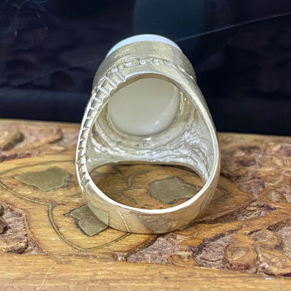 925 Sterling Silver Mens Ring Natural Yemeni white big Agate Aqeeq gift for him