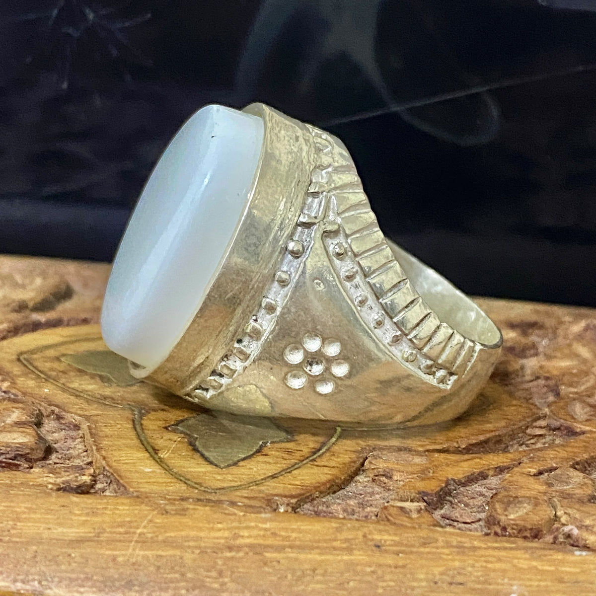 925 Sterling Silver Mens Ring Natural Yemeni white big Agate Aqeeq gift for him