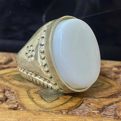 925 Sterling Silver Mens Ring Natural Yemeni white big Agate Aqeeq gift for him