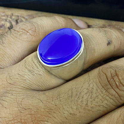 Heavy 925 Sterling Silver Men's Ring - Natural Yemeni Blue Agate Aqeeq Vintage Handcrafted Middle Eastern Fine Jewelry
