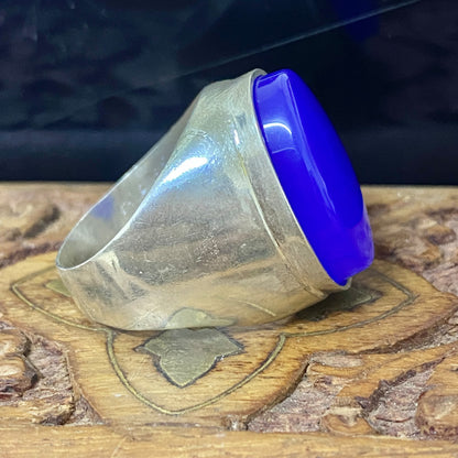 Heavy 925 Sterling Silver Men's Ring - Natural Yemeni Blue Agate Aqeeq Vintage Handcrafted Middle Eastern Fine Jewelry