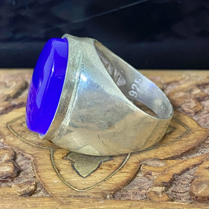 Heavy 925 Sterling Silver Men's Ring - Natural Yemeni Blue Agate Aqeeq Vintage Handcrafted Middle Eastern Fine Jewelry