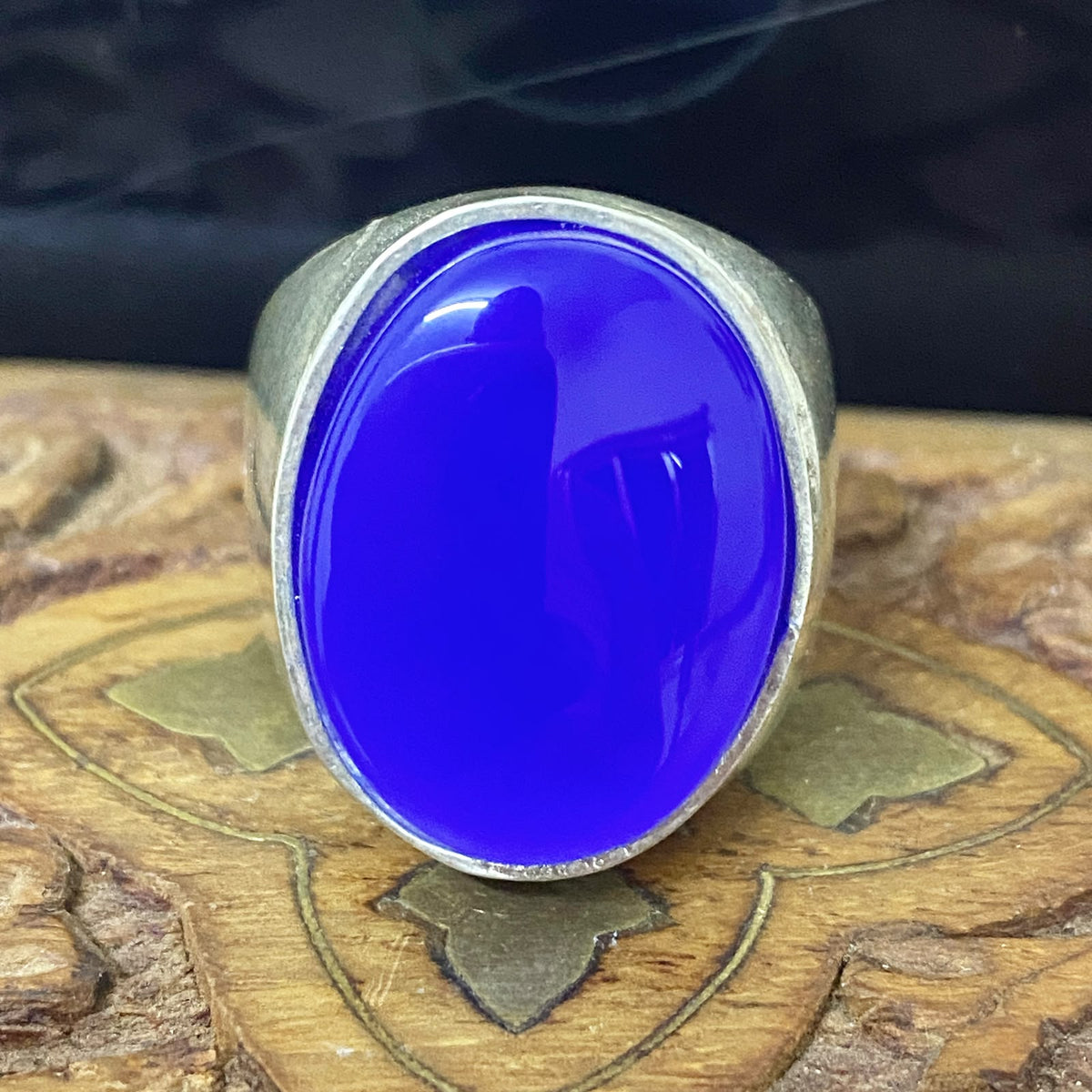 Heavy 925 Sterling Silver Men's Ring - Natural Yemeni Blue Agate Aqeeq Vintage Handcrafted Middle Eastern Fine Jewelry
