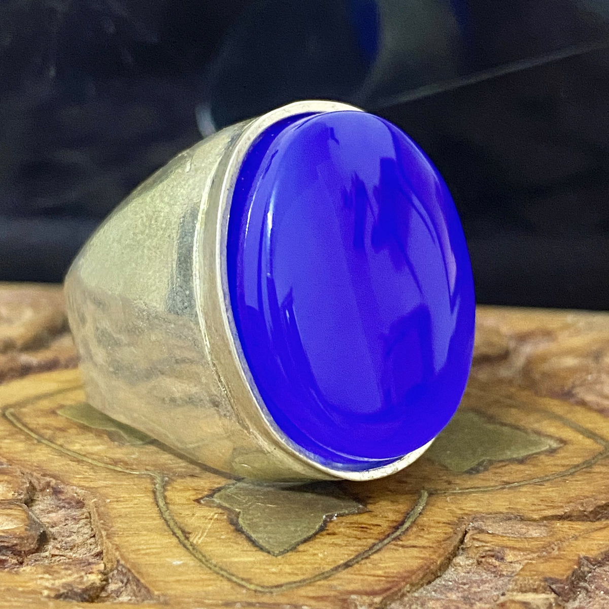 Heavy 925 Sterling Silver Men's Ring - Natural Yemeni Blue Agate Aqeeq Vintage Handcrafted Middle Eastern Fine Jewelry