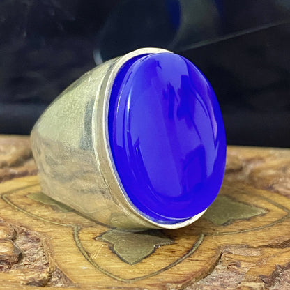 Heavy 925 Sterling Silver Men's Ring - Natural Yemeni Blue Agate Aqeeq Vintage Handcrafted Middle Eastern Fine Jewelry