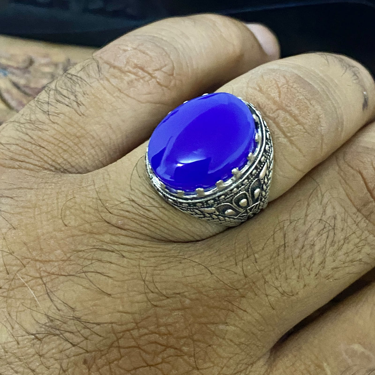 Massive 925 Sterling Silver Men's Ring - Handcrafted Natural Yemeni Blue Agate Aqeeq Middle Eastern Fine Jewelry