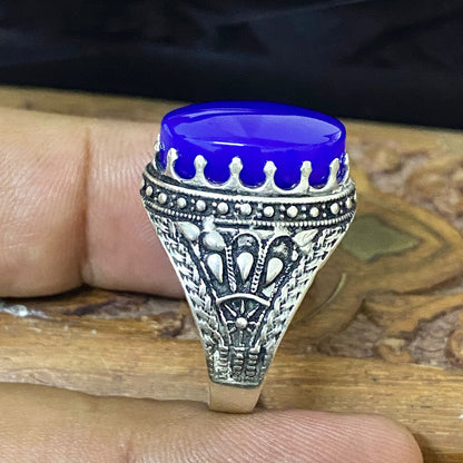 Massive 925 Sterling Silver Men's Ring - Handcrafted Natural Yemeni Blue Agate Aqeeq Middle Eastern Fine Jewelry