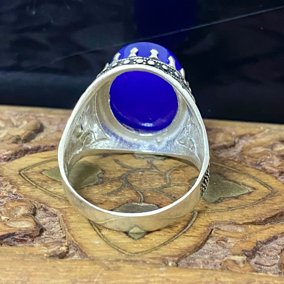 Massive 925 Sterling Silver Men's Ring - Handcrafted Natural Yemeni Blue Agate Aqeeq Middle Eastern Fine Jewelry