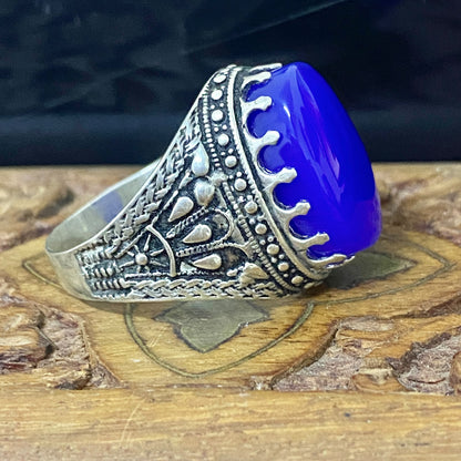 Massive 925 Sterling Silver Men's Ring - Handcrafted Natural Yemeni Blue Agate Aqeeq Middle Eastern Fine Jewelry