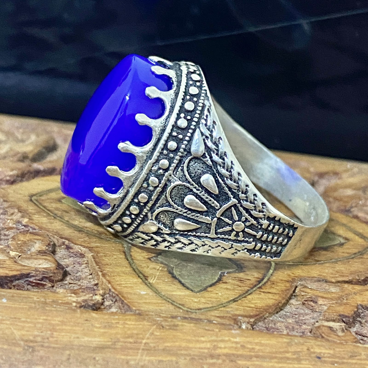 Massive 925 Sterling Silver Men's Ring - Handcrafted Natural Yemeni Blue Agate Aqeeq Middle Eastern Fine Jewelry
