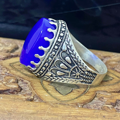 Massive 925 Sterling Silver Men's Ring - Handcrafted Natural Yemeni Blue Agate Aqeeq Middle Eastern Fine Jewelry