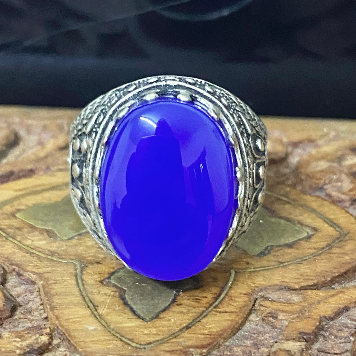 Massive 925 Sterling Silver Men's Ring - Handcrafted Natural Yemeni Blue Agate Aqeeq Middle Eastern Fine Jewelry